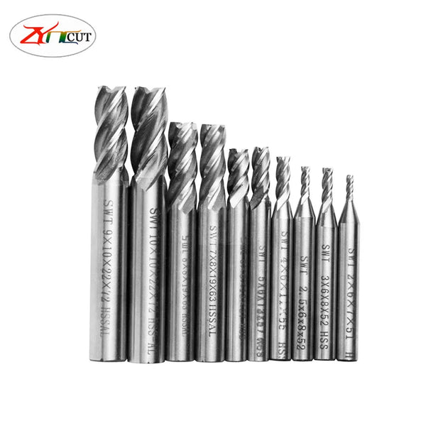 End Mill Set 1.5 2 3 4 5 6 7 8 9 10mm HSS 4 Blades Flute High speed steel full Milling Cutter Router Bit